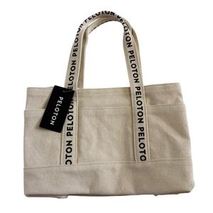 NWT Peloton Canvas Webbed Beach Tote Bag Logo Handle Handbag Pockets